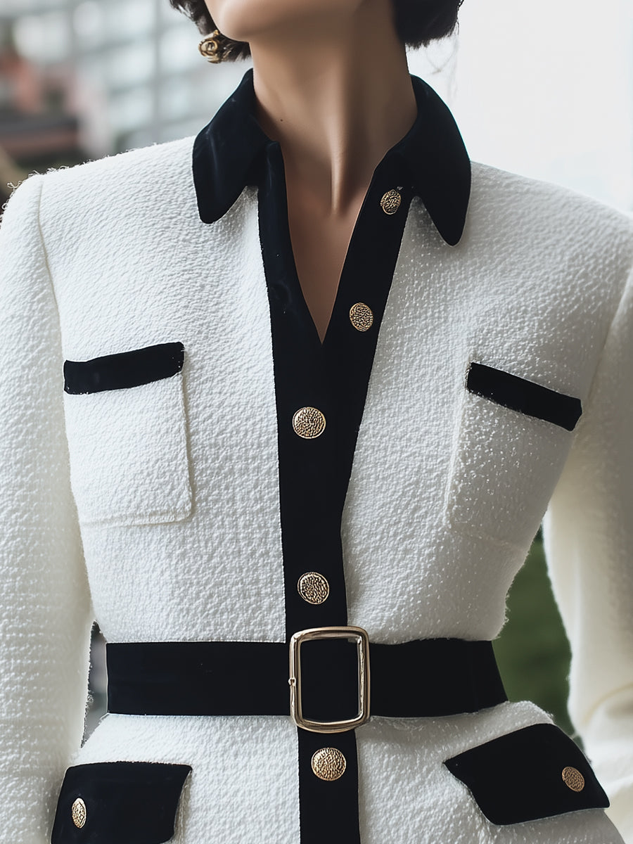 White tweed blazer with black velvet trim, slim-fit design by Lumina Vancouver, styled with Elena for a chic look.