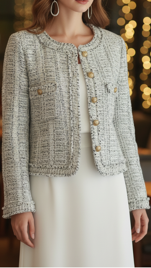 Light blue Elena tweed jacket with contrast trim by Lumina Vancouver, shown on a model showcasing its stylish fit.
