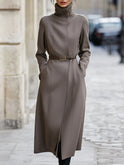 Taupe wool-blend coat with ribbed turtleneck by Lumina Wear, shown on a model in a stylish outdoor setting.