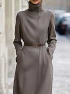 Taupe wool-blend coat with ribbed turtleneck by Lumina Vancouver, featuring a stylish, cozy design.