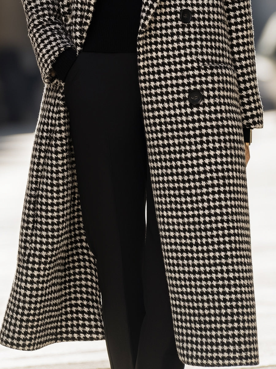 Black Marion Houndstooth Wool Long Coat by Lumina Vancouver, featuring a classic pattern and tailored fit.
