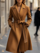 Nadine wool trench coat with belt from Lumina Vancouver, camel color, tailored silhouette, stylish outerwear for women.