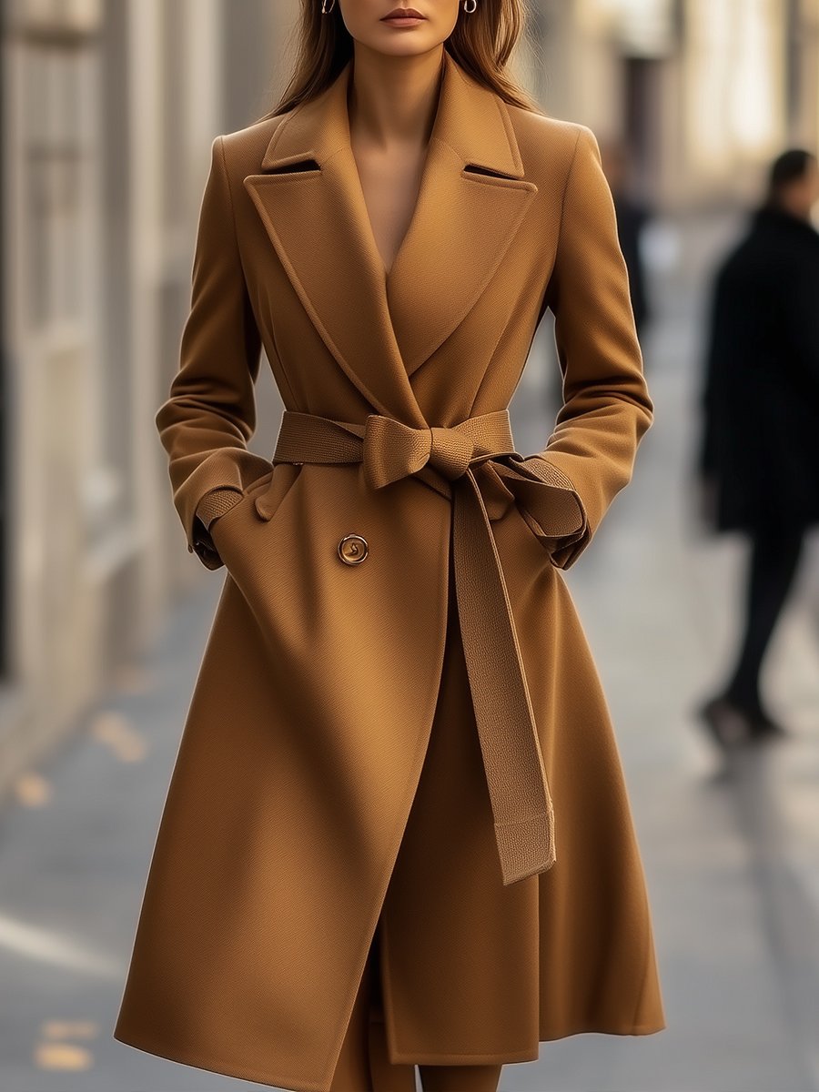 Nadine wool trench coat with belt from Lumina Vancouver, camel color, tailored silhouette, stylish outerwear for women.