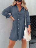 Blue Eliana casual denim dress by Lumina Wear, featuring a relaxed fit and stylish design, displayed on a model.