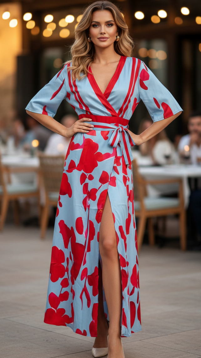 Elegant floral dress named Elise by Lumina Vancouver, featuring a fitted bodice and flowing skirt, showcased on a dress form.
