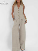 Blue Ella vest and wide pants set by Lumina Wear, featuring a stylish spring 2-piece outfit with modern design and comfortable fit.