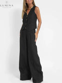 Blue Ella vest and wide pants set by Lumina Wear, stylish two-piece spring outfit with a modern, casual look.