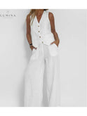 Blue Ella vest and wide pants set by Lumina Wear, featuring a stylish sleeveless vest and flowy wide-leg pants.