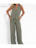 Lumina Wear Ella blue vest and wide pants set, stylish spring 2-piece outfit for women, featuring comfortable fabric and modern design.