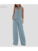 Blue Ella vest and wide pants set by Lumina Wear, featuring a stylish two-piece spring outfit for women.