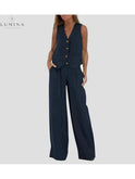 Blue Ella vest and wide pants set by Lumina Wear, featuring a stylish two-piece outfit for spring.