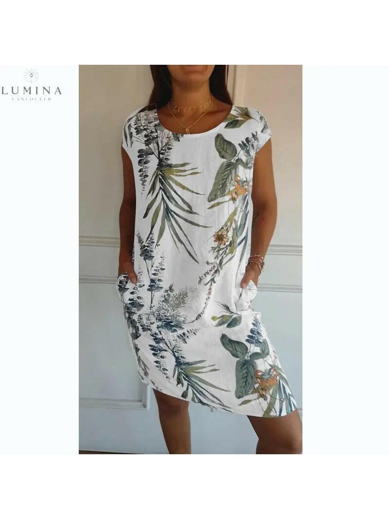 White Pascaline dress with round neck by Lumina Vancouver, featuring a stylish and comfortable design.