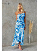 Blue Elora pleated summer evening dress by Lumina Wear, perfect for weddings and summer events, shown on a model.