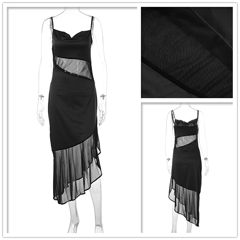 Black Elowen Satin Midi Dress by Lumina Wear, featuring smooth satin fabric and elegant midi length, displayed on a model.