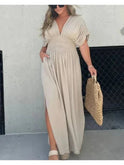 Lumina Wear Elyse elegant maxi dress in stone color, flowing fabric, sleeveless design, perfect for formal occasions.