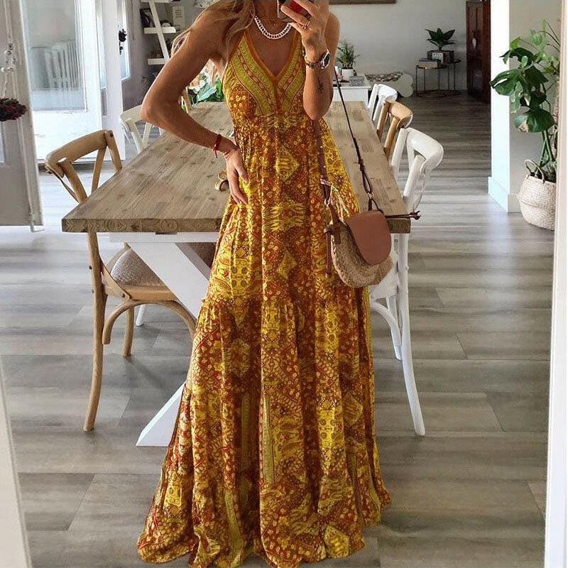 boho sleeveless dresses Printed Halter V-Neck Maxi Dress for Beach Vacation