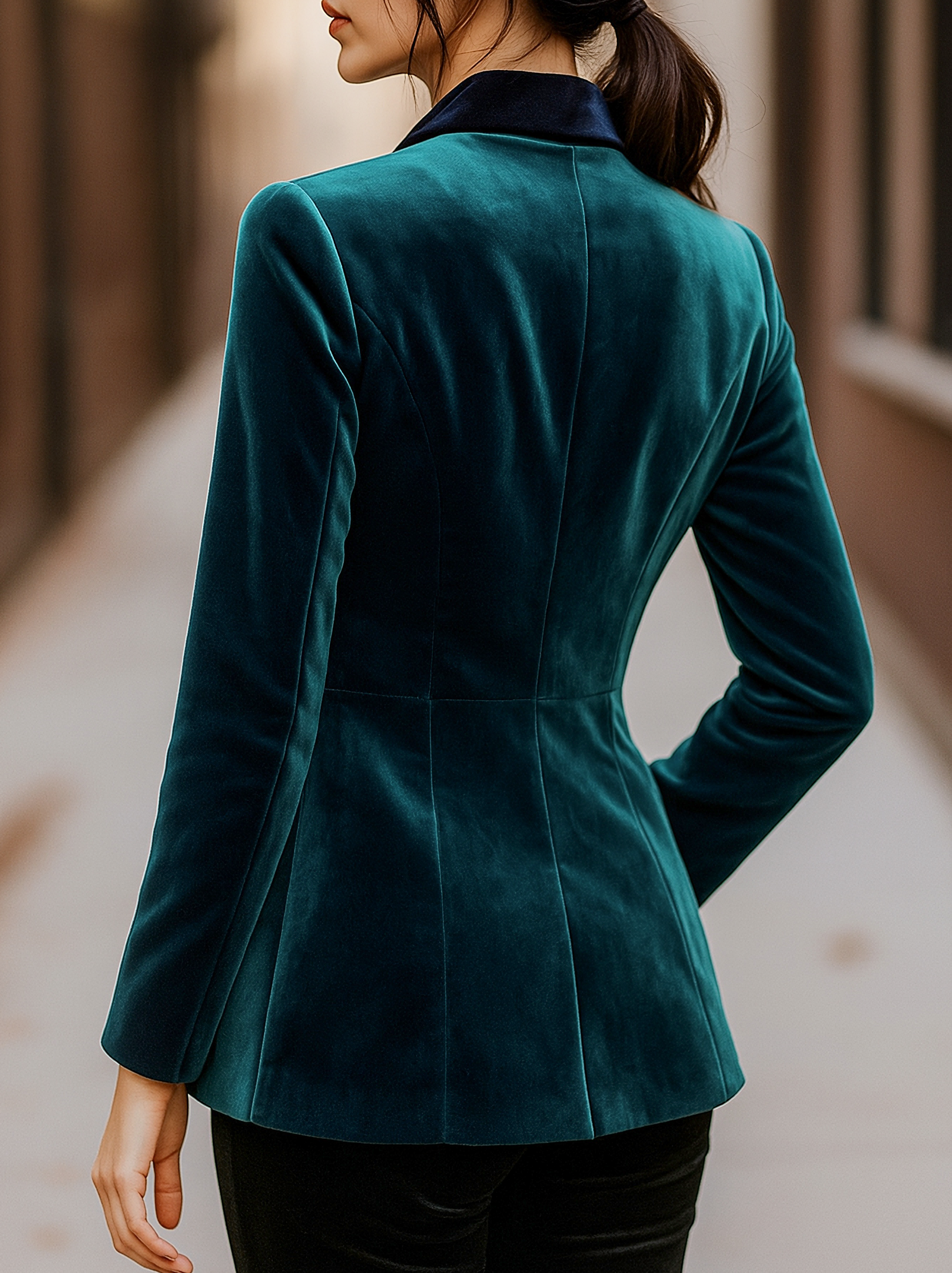 Emerald velvet blazer by Lumina Vancouver featuring satin lapels and intricate rose embroidery, stylish and sophisticated.