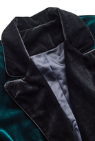 Emerald velvet blazer with satin lapels and rose embroidery by Lumina Vancouver, featuring tailored fit and elegant design.