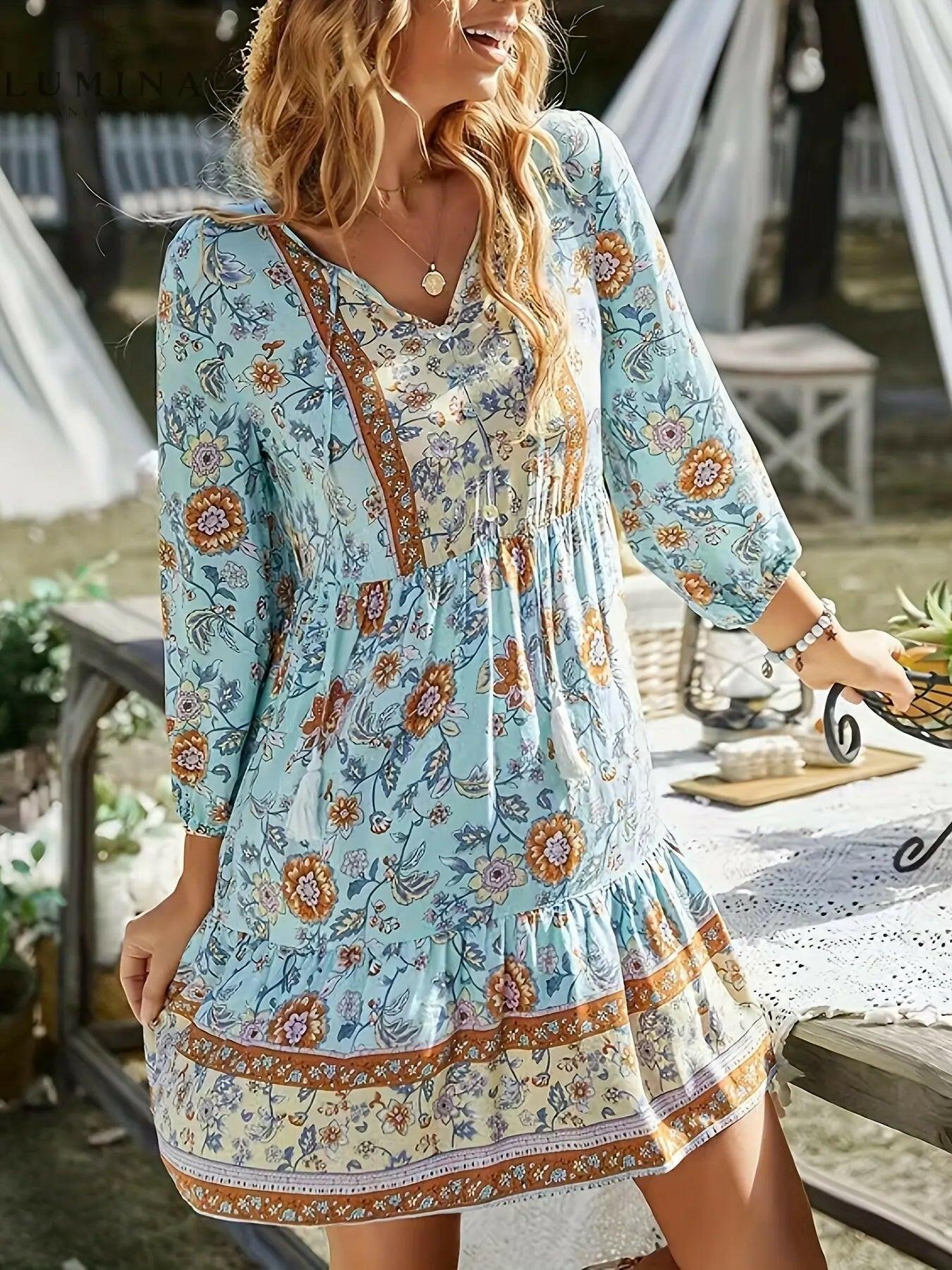 Sky blue Emilia boho dress by Lumina Vancouver, featuring flowy fabric and relaxed fit in a natural outdoor setting.
