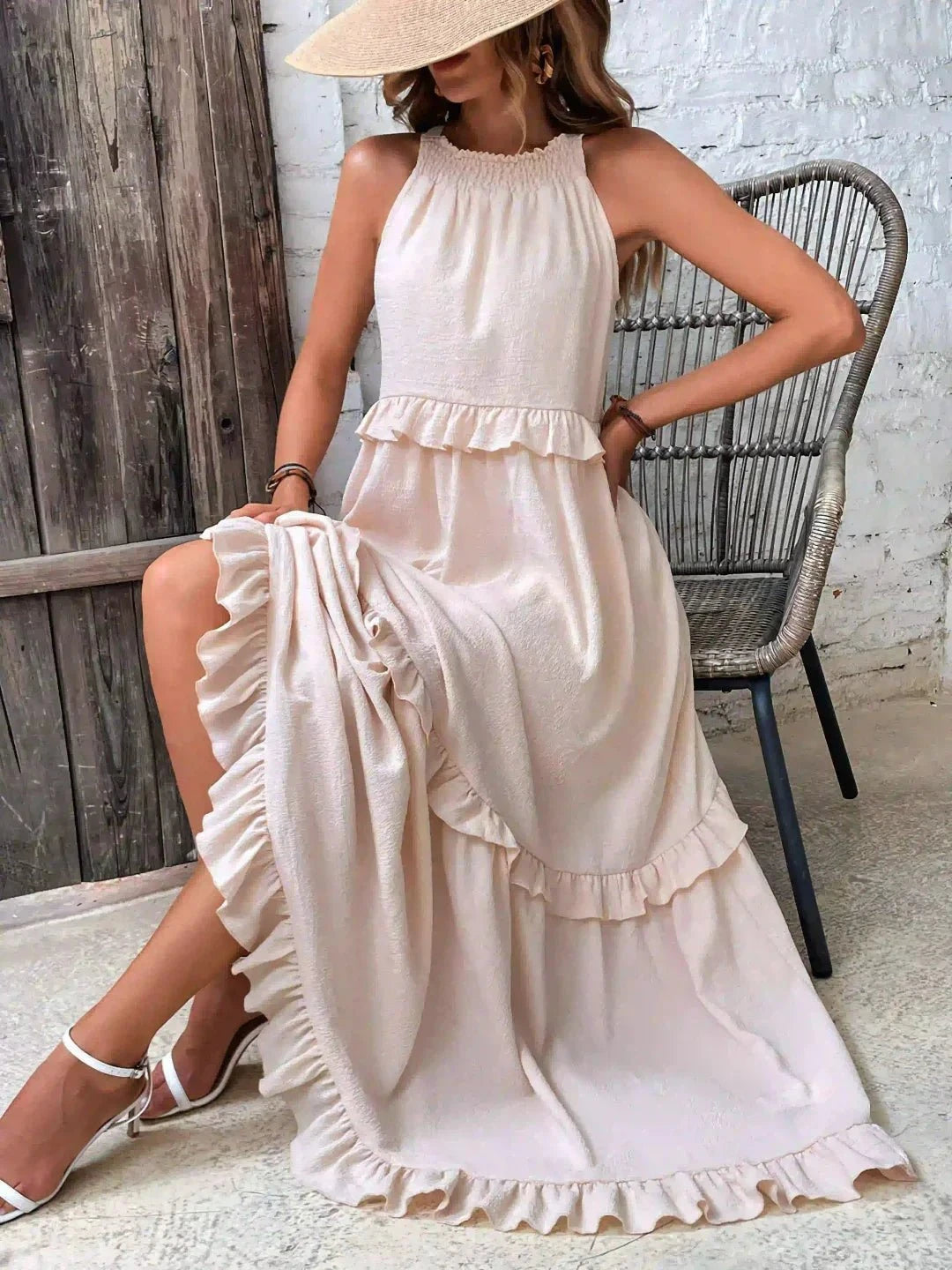 Lumina Vancouver Laila halter ruffle maxi dress in apricot with flowing fabric and elegant design, perfect for summer occasions.