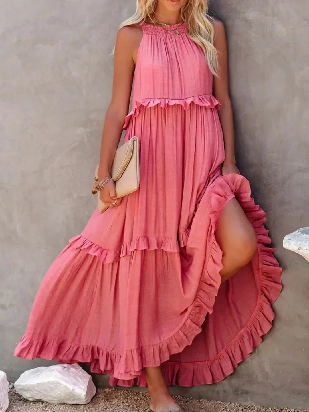 Laila halter ruffle maxi dress in apricot by Lumina Vancouver, flowing fabric with ruffle details, perfect for summer occasions.