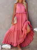 Lumina Wear Laila halter ruffle maxi dress in apricot, flowing design with ruffled details, perfect for elegant summer occasions.