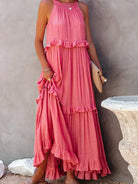 Lumina Vancouver Laila halter ruffle maxi dress in apricot, flowing fabric with ruffle details, perfect for summer occasions.