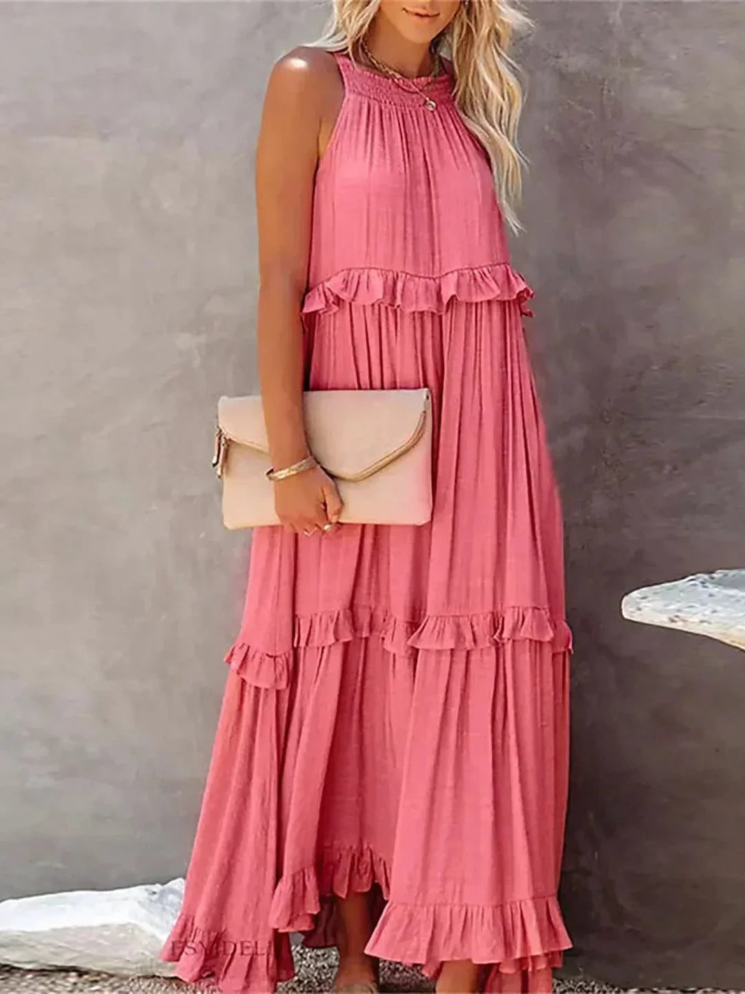 Laila halter ruffle maxi dress in apricot by Lumina Vancouver, flowing design with ruffle details, perfect for summer occasions.