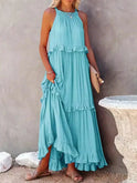 Lumina Wear Laila halter ruffle maxi dress in apricot, flowing fabric with ruffled details, perfect for summer or special occasions.