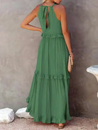Lumina Vancouver Laila halter ruffle maxi dress in apricot, flowing design with ruffled details, perfect for summer occasions.