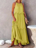 Lumina Vancouver Laila halter ruffle maxi dress in apricot, flowing design with ruffled details, perfect for elegant summer occasions.