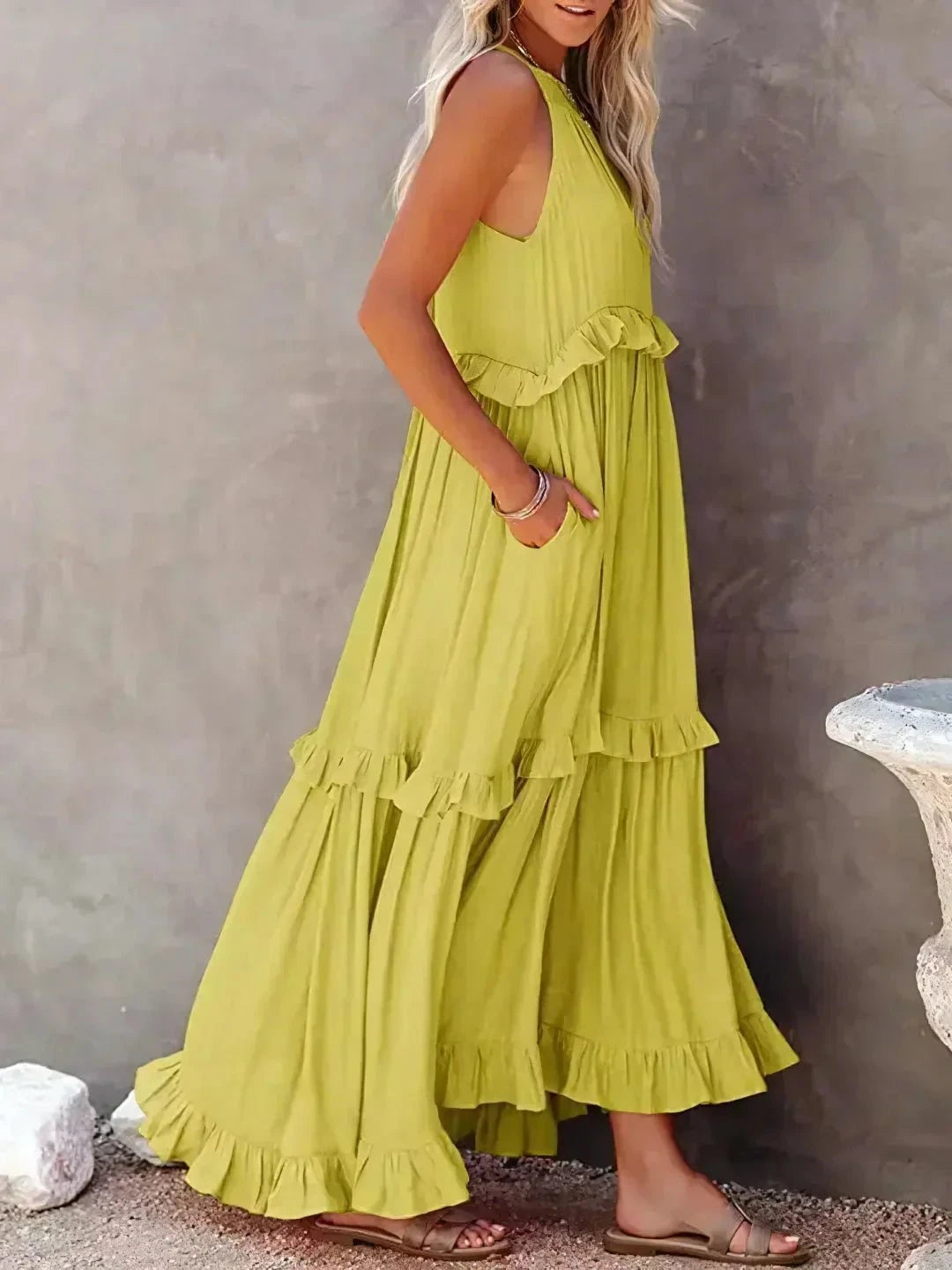Lumina Vancouver Laila halter ruffle maxi dress in apricot, flowing fabric with ruffle details, perfect for elegant summer occasions.