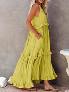 Lumina Vancouver Laila halter ruffle maxi dress in apricot, flowing fabric with ruffle details, perfect for elegant summer occasions.