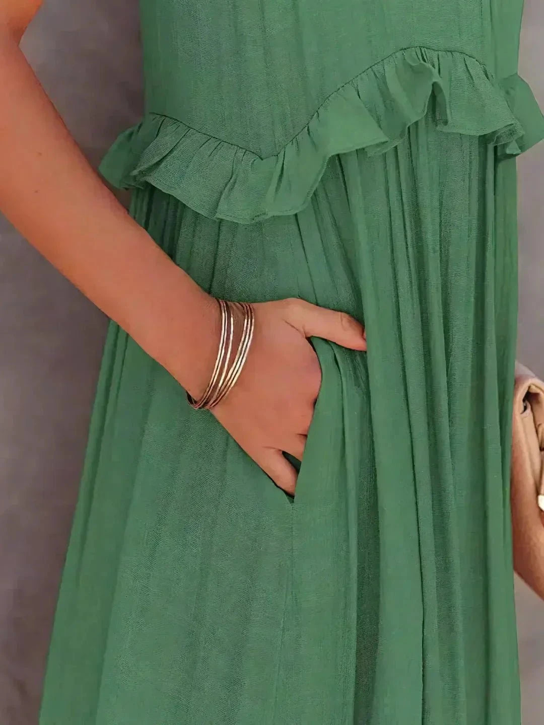 Lumina Vancouver Laila halter ruffle maxi dress in apricot, flowing fabric with ruffle details, perfect for summer occasions.