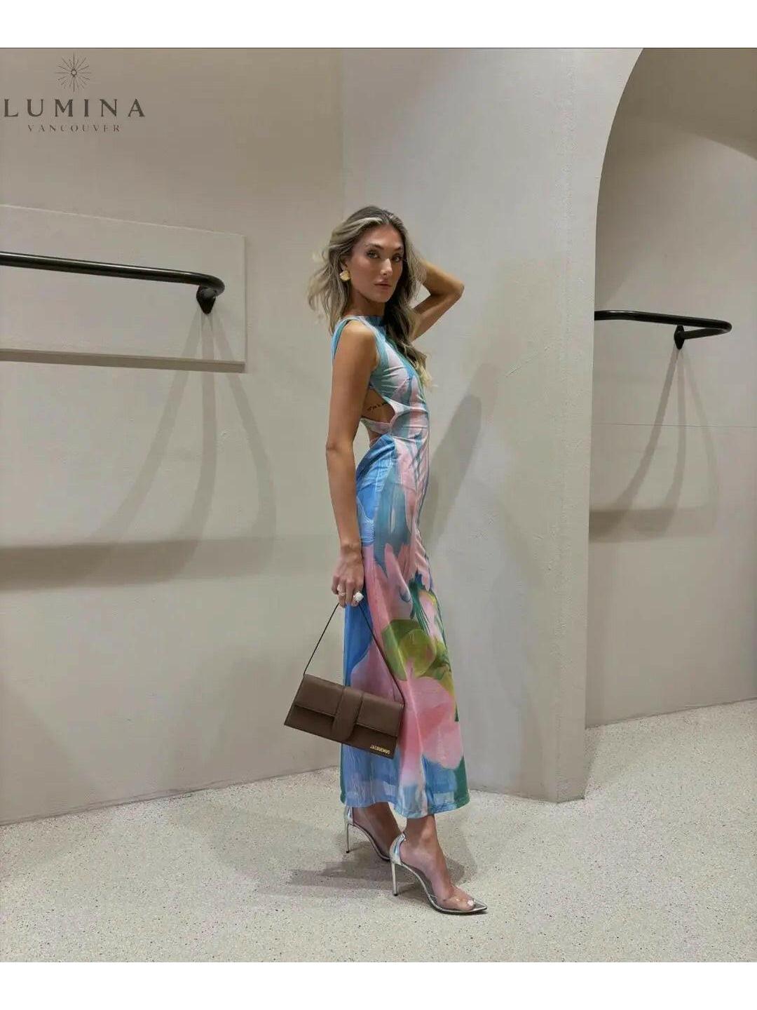 Lumina Vancouver Kyllikki Maxi Dress for wedding guests, elegant floral pattern, long flowing silhouette, perfect for special occasions