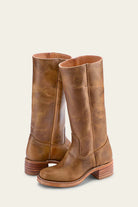 Light brown Emily Lumina Western mid-calf boots with stacked heel, stylish women's western footwear, durable leather, and classic design.