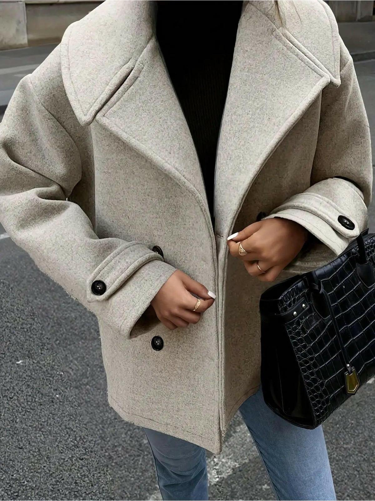 Emily™ stylish double-breasted jacket with button details in taupe, from Lumina Vancouver's CA-COLLECTIE-15 collection.