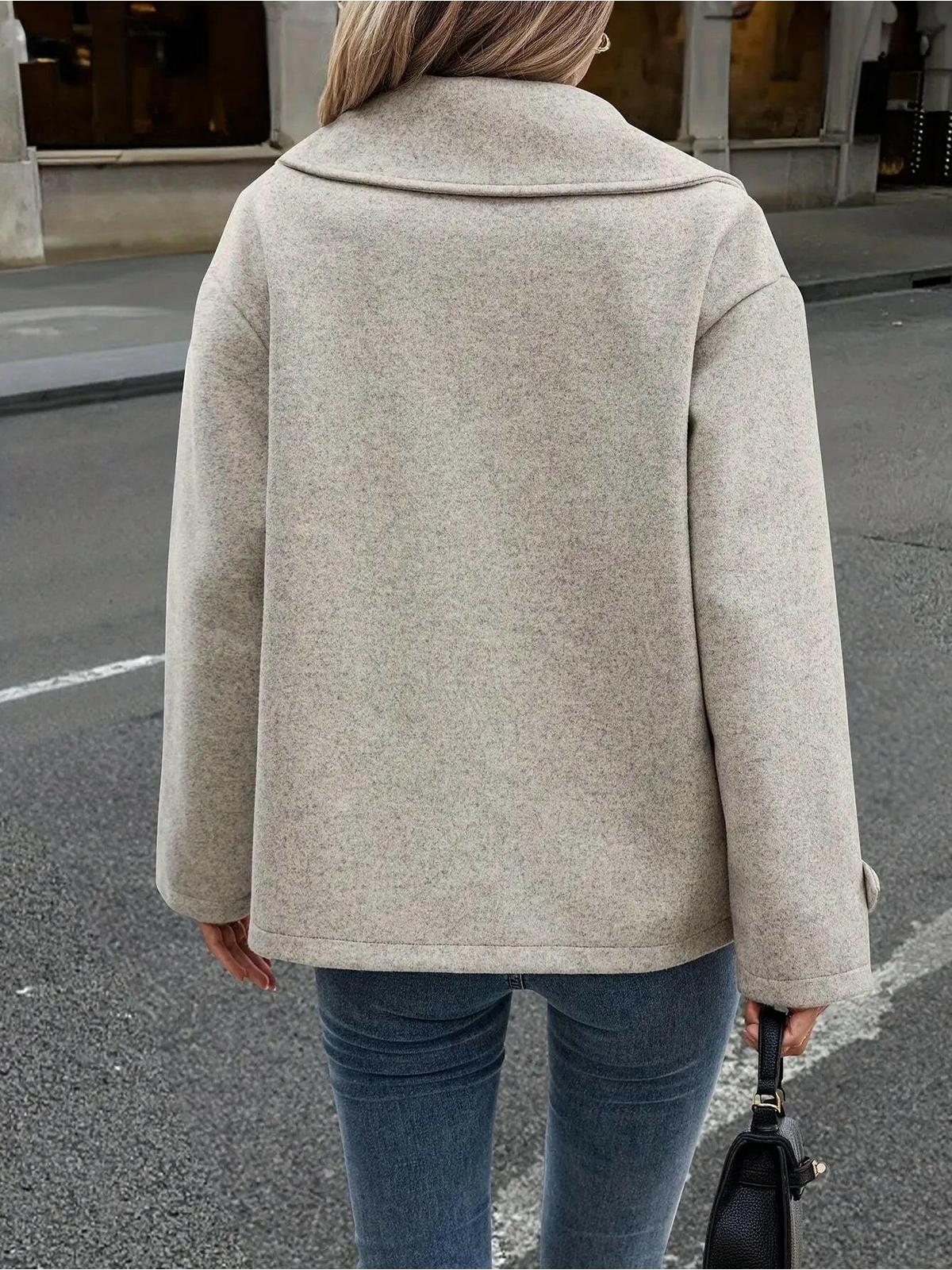 Emily™ stylish double-breasted jacket with button details in taupe from Lumina Vancouver, showcasing a sophisticated, tailored design.