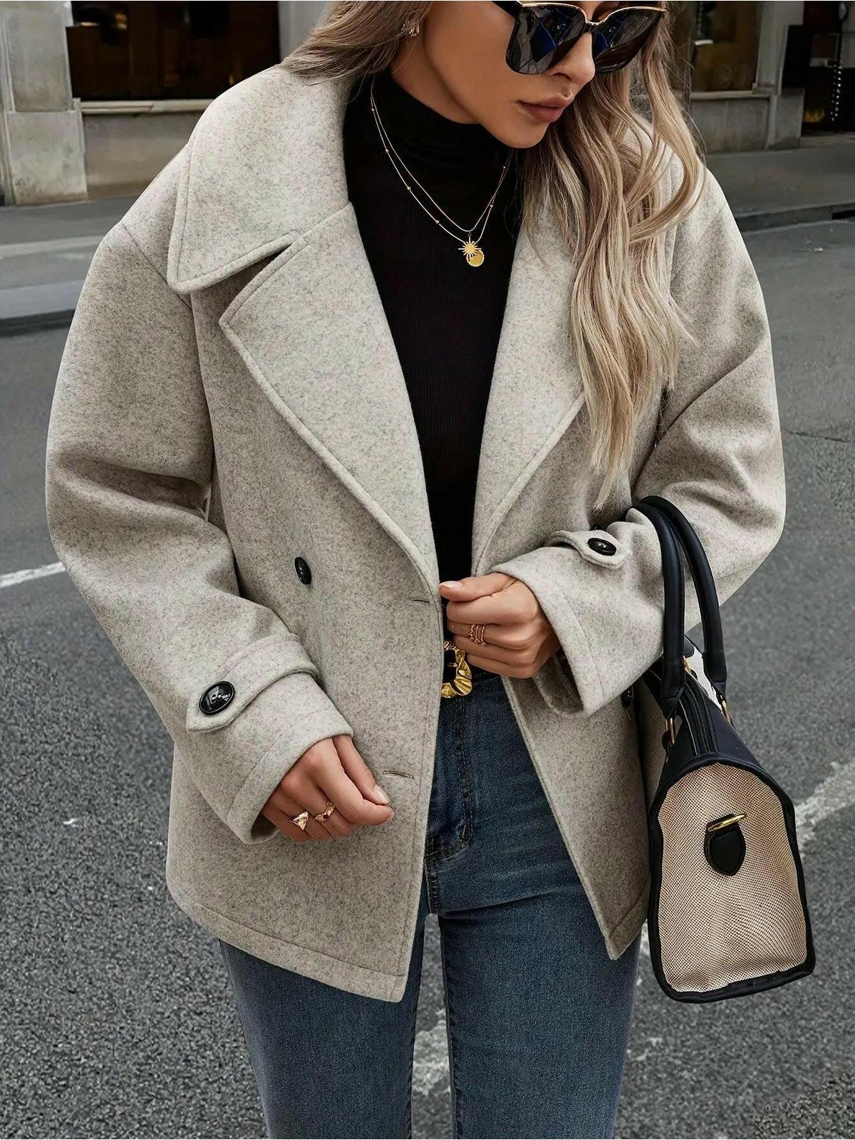 Emily™ stylish double-breasted jacket with button details in taupe, by Lumina Vancouver, featuring a chic, tailored design.