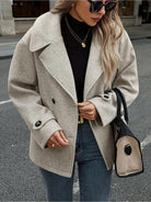Emily™ stylish double-breasted jacket with button details in taupe, by Lumina Vancouver, featuring a chic, tailored design.