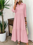 Pink Embla Button Dress by Lumina Vancouver, front view showcasing the fitted silhouette and button details.