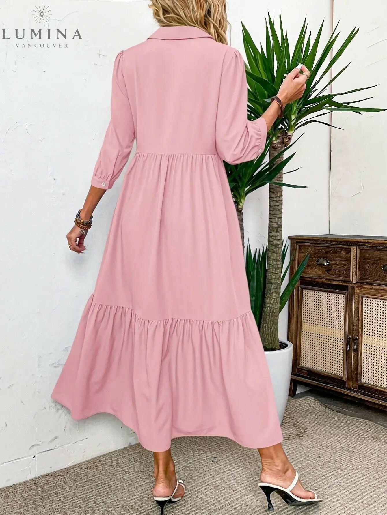 Pink Embla Button Dress by Lumina Vancouver, featuring a stylish button-front design and a flattering fit.