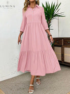 Pink Embla Button Dress by Lumina Vancouver, featuring a stylish button design and a flattering fit for casual or dressy occasions.