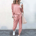 Pink Emma cozy matching lounge set by Lumina Wear featuring long sleeve top and joggers for women.