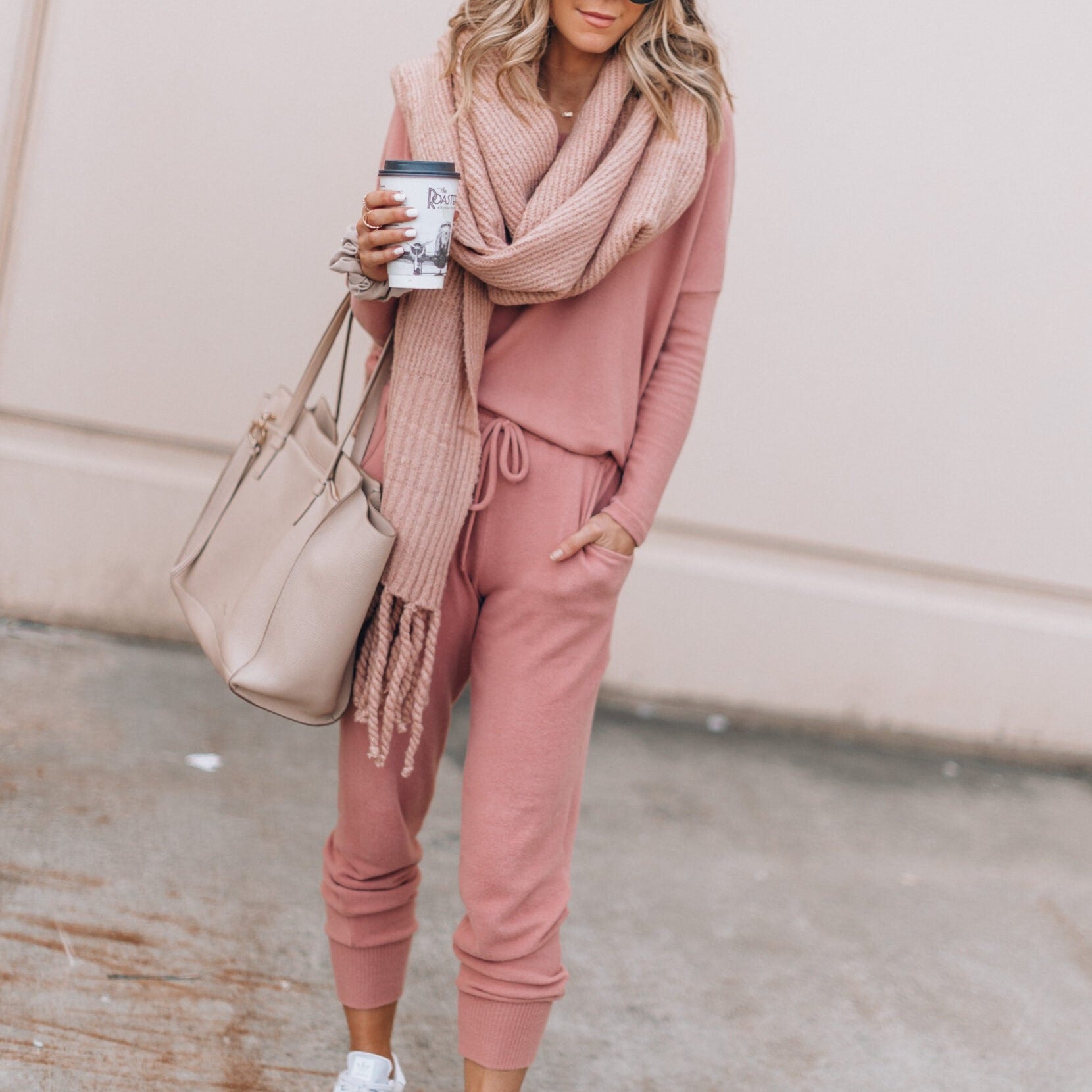 Pink Emma women's lounge set by Lumina Wear featuring a long sleeve top and matching joggers, perfect for cozy relaxation.