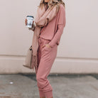 Pink Emma cozy matching lounge set with long sleeve top and joggers from Lumina Wear, perfect for comfortable women's loungewear.