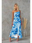 Blue Zelie floral summer wedding guest dress by Lumina Vancouver, featuring a lightweight, elegant design perfect for warm-weather events.