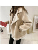 Beige Lumina Wear Erin stylish faux shearling zip-up jacket, front view showcasing cozy collar and zip details.