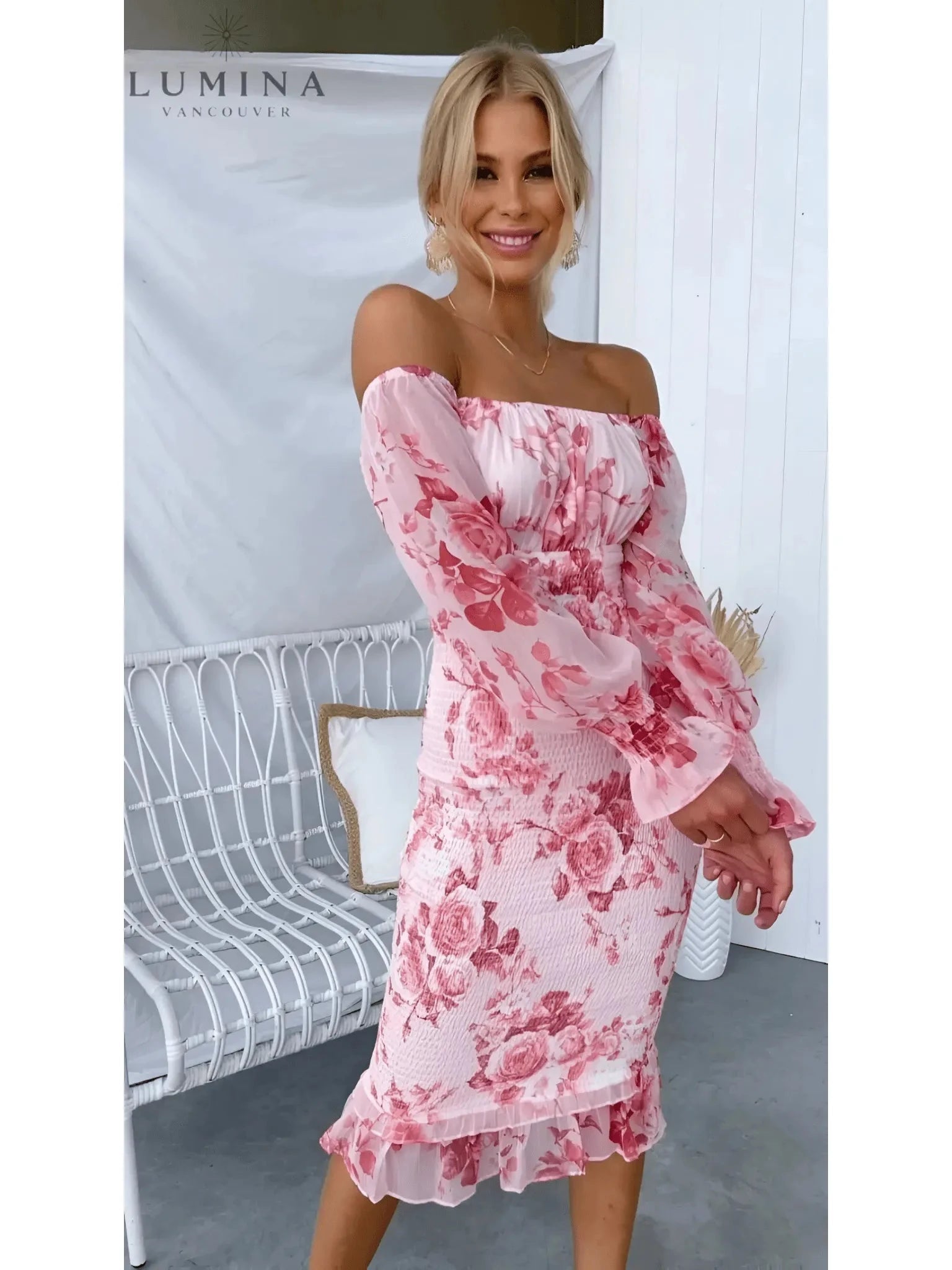Pink Eugenie Blooming Elegance Dress by Lumina Vancouver for wedding guests, featuring a flowy, floral design perfect for special occasions.