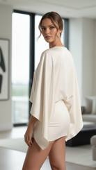 White Esme Draped Mini Dress by Lumina Vancouver, featuring a stylish, flowing design perfect for casual or semi-formal wear.